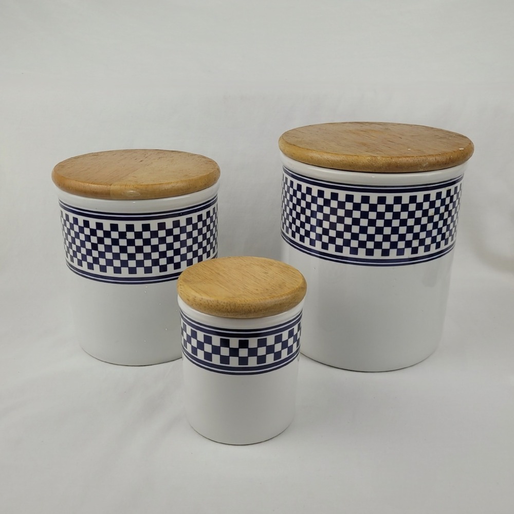 International Tableworks 3 Piece Ceramic Canister Set Blue White Check Wood Lids